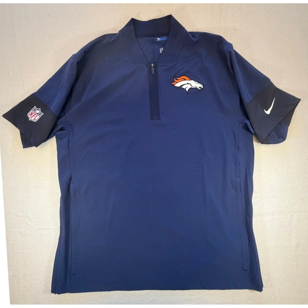 Team Issued Nike Denver Broncos Mens Large Navy Blue Quarter Zip Short Sleeve